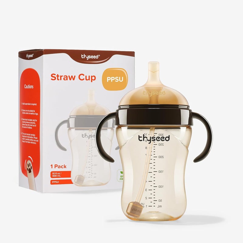 thyseed PPSU Weighted Straw Cup with Handles Toddlers Transition Bottles to Sippy Cups No Spill Learner Milk Water Baby Bottle Soft Silicone Spout Dishwasher Safe BPA Free 6+ Months 10oz/300mL 1 Pack - Image 1